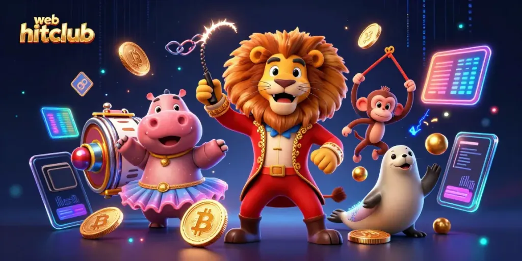 Spin the reels with excitement at web hitclub, showcasing cartoon lions and vibrant gaming elements.