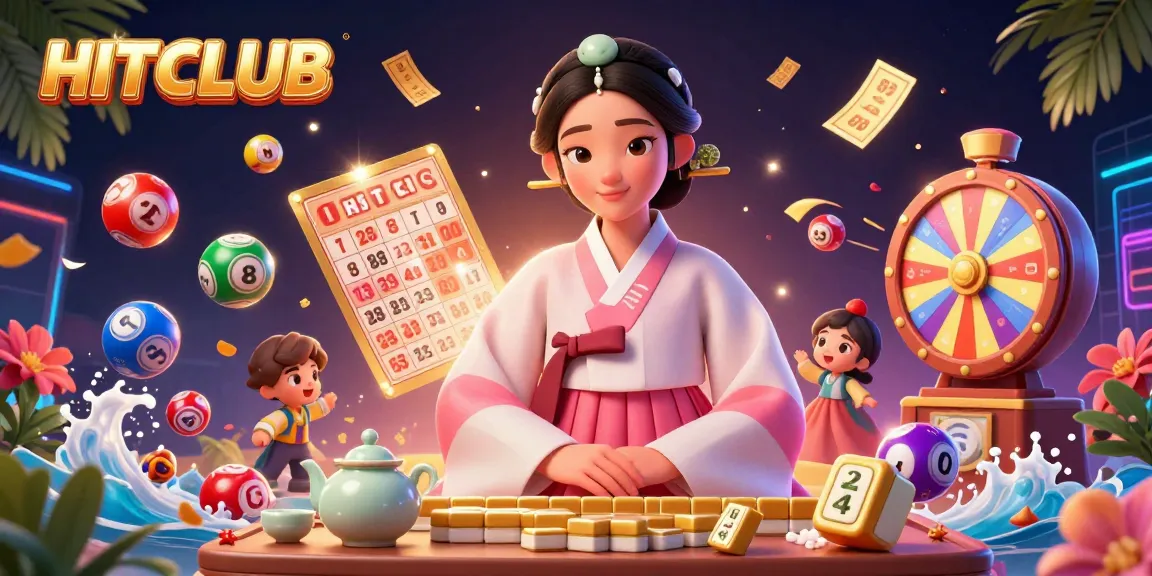 Experience vibrant excitement at HITCLUB with colorful lottery elements and a serene character in a casino setting.