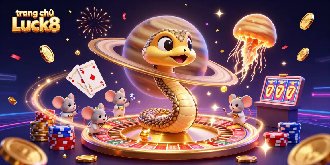 Experience the excitement at trang chủ Luck8 with vibrant gaming elements and a cosmic dealer in a dazzling casino universe.