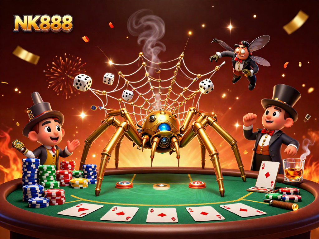 Engage with NK888's thrilling poker experience, showcasing a steampunk spider and charming fly amidst vibrant casino elements.