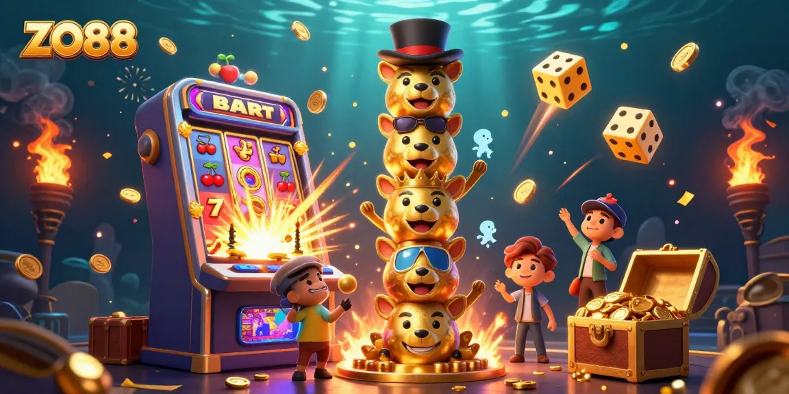 Engage in thrilling gaming at ZO88 with a vibrant illustration showcasing a dynamic casino environment.