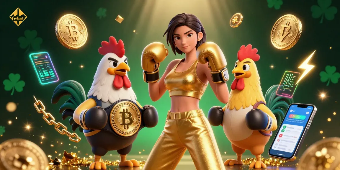 Experience flamoyant gaming action with febet’s 3D crypto-themed casino illustration featuring dynamic characters and vibrant elements.