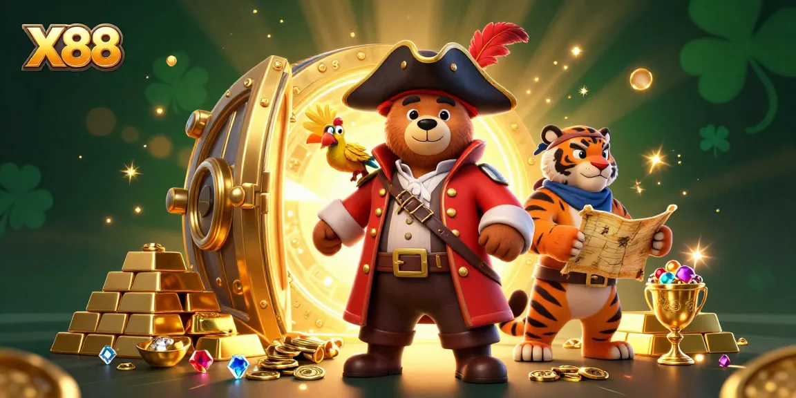 Win big at X88 with exciting casino adventures featuring a pirate bear and treasure!