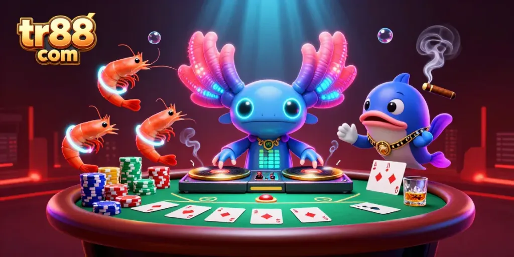 Experience the excitement at tr88 com with neon-themed underwater casino antics featuring a DJ and poker action.