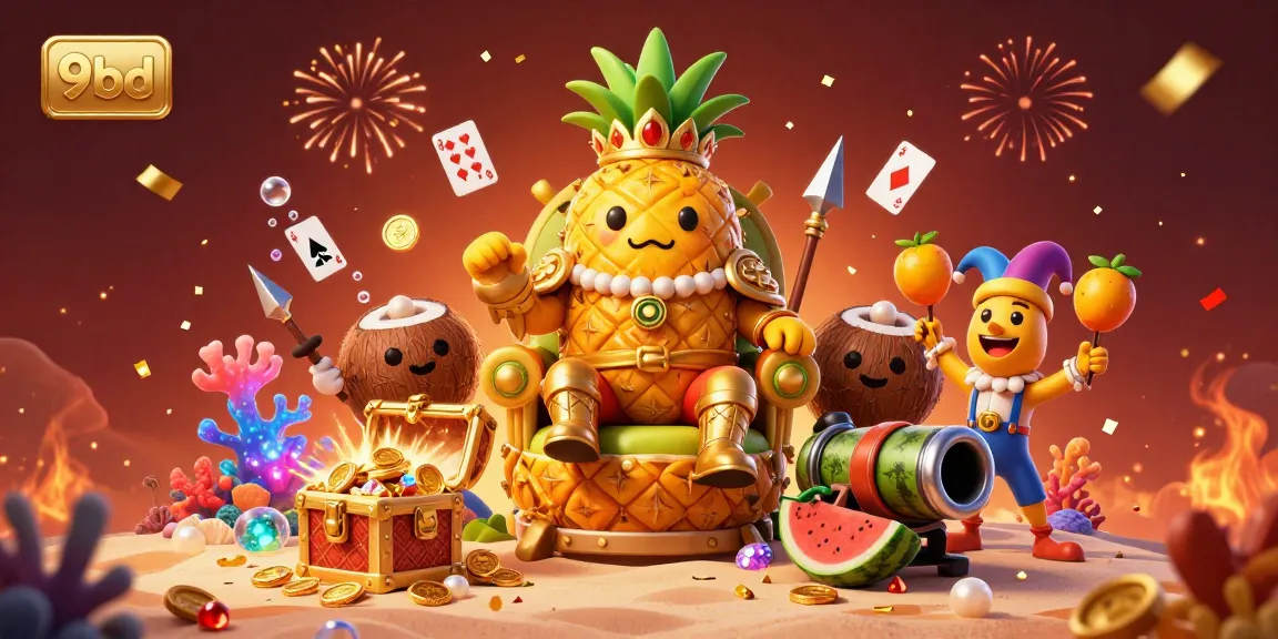 Engage in the fun-filled gaming world of 9bd, featuring a playful pineapple king with casino elements.