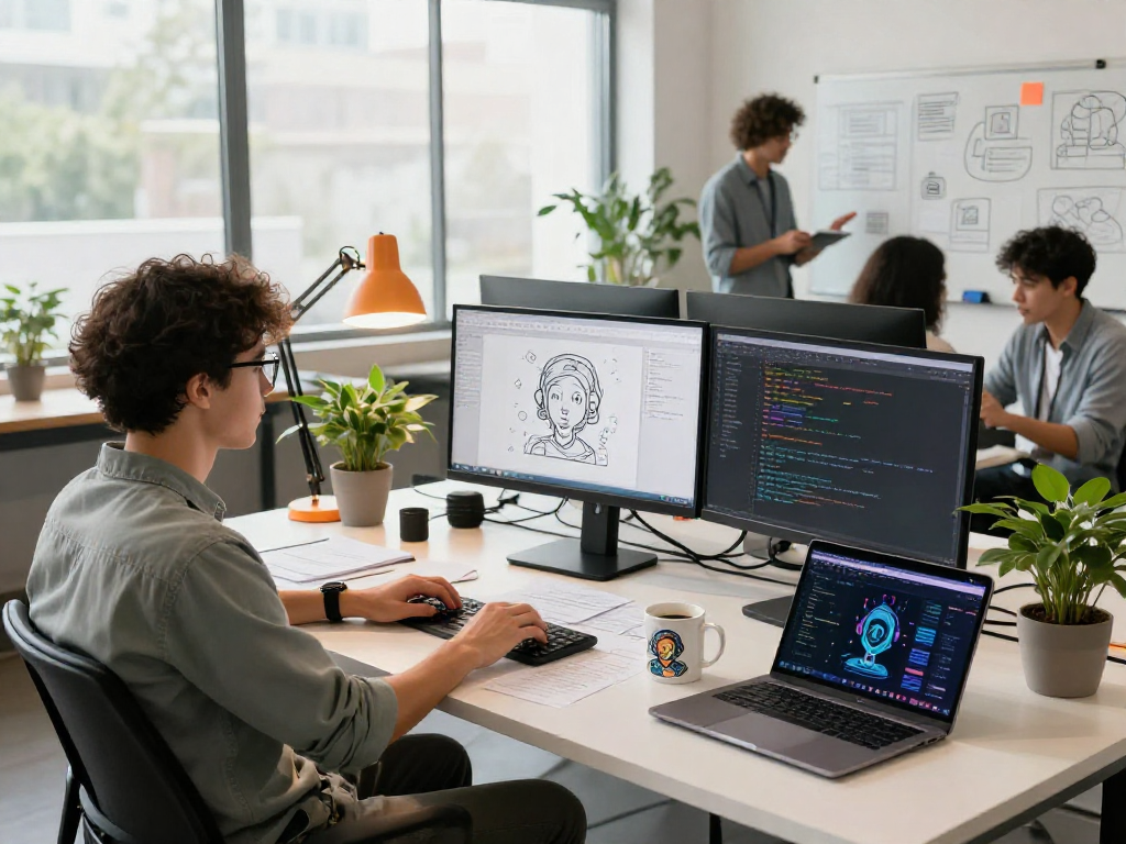 Young software engineer exploring 18+ ai technology in a creative workspace, surrounded by monitors and brainstorming notes.