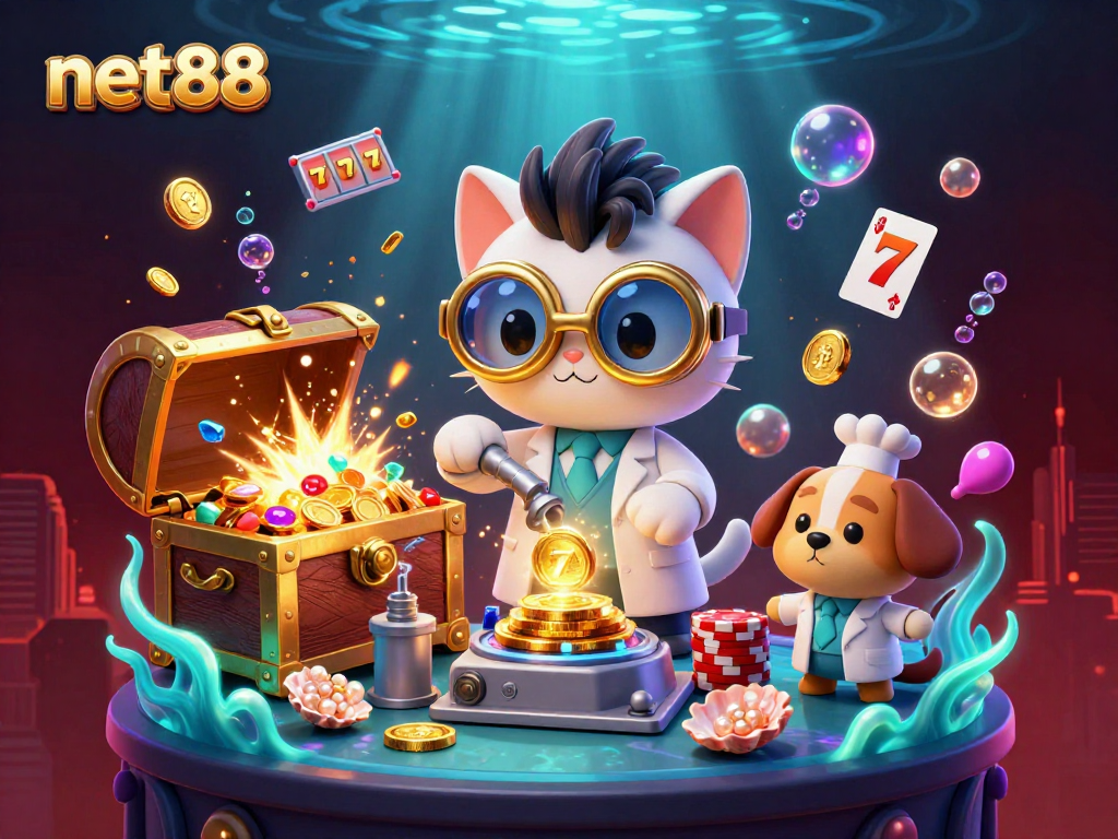 Experience winning excitement at net88 with a cartoon scientist cat creating a gold-coin machine!