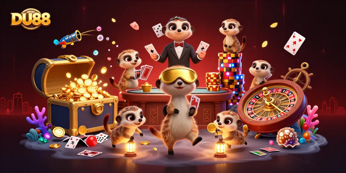 Engage with DU88's vibrant casino scene featuring meerkats in dynamic gaming action.