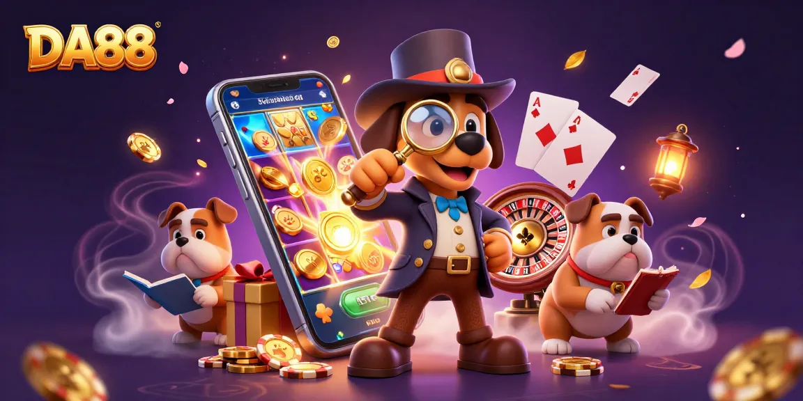 DA88 unveils winning strategies with a bloodhound detective examining poker chips and dynamic gaming elements.