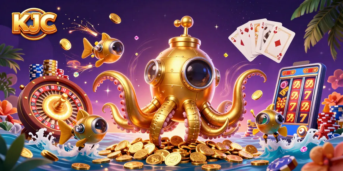 KJC showcases a thrilling casino experience featuring a golden kraken and sparkling game elements amidst vibrant graphics.