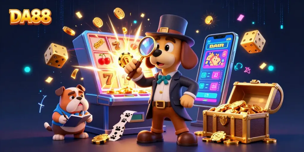 Experience the thrill with DA88, as cartoon detectives uncover casino treasures in an exciting gambling scene.