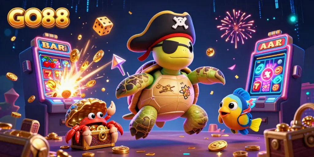 Engage with GO88's exciting gaming experiences featuring a pirate turtle navigating a treasure-filled casino.