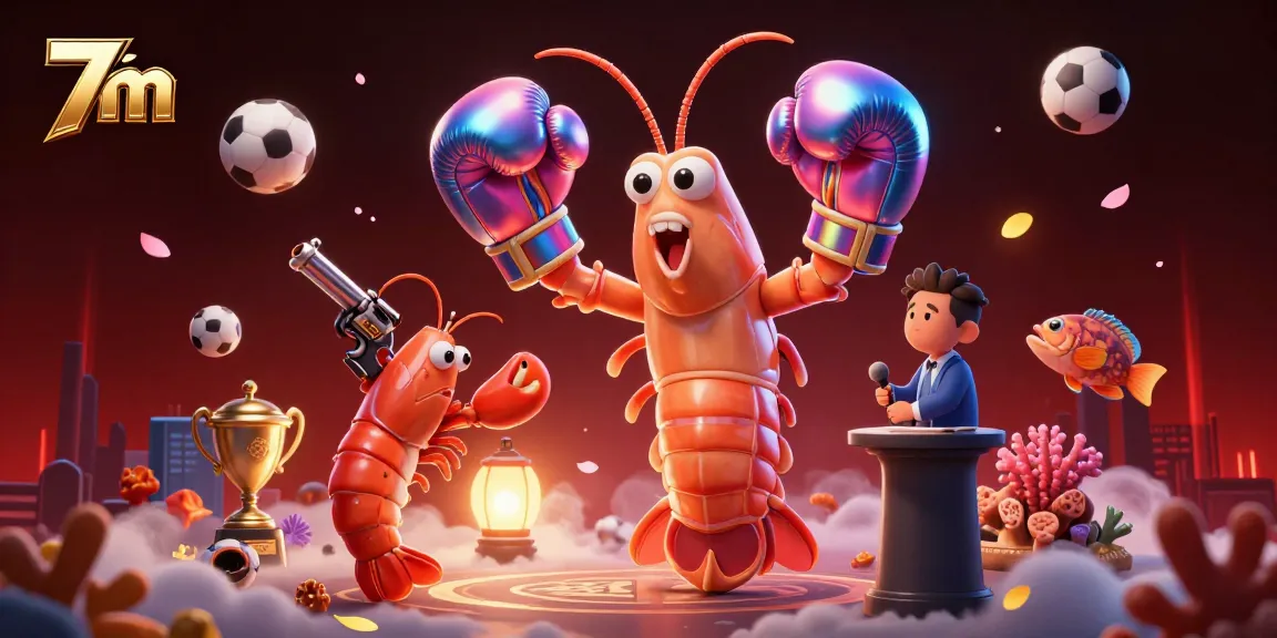 Bet on thrilling 7m sports outcomes with vibrant shrimp announcers in a colorful casino scene.