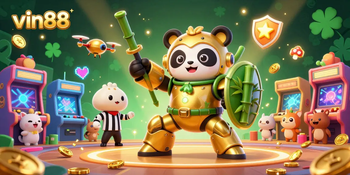 Engage in vibrant gaming action featuring vin88 with a mech-suit panda and arcade games in a dynamic arena.