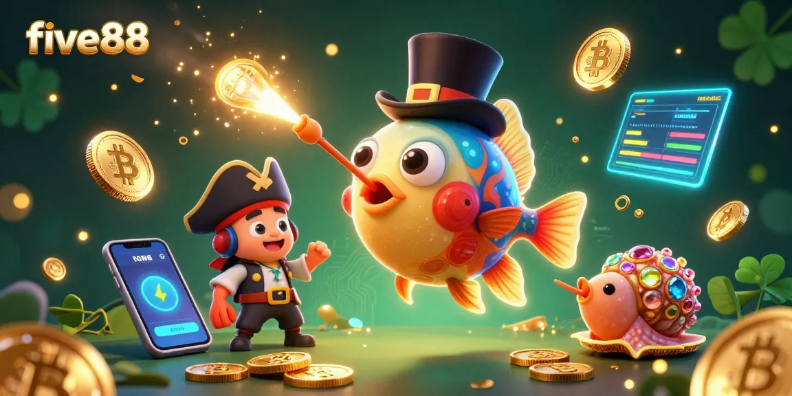 Experience the excitement of five88 as the anglerfish lures in golden coins amidst vibrant casino elements.