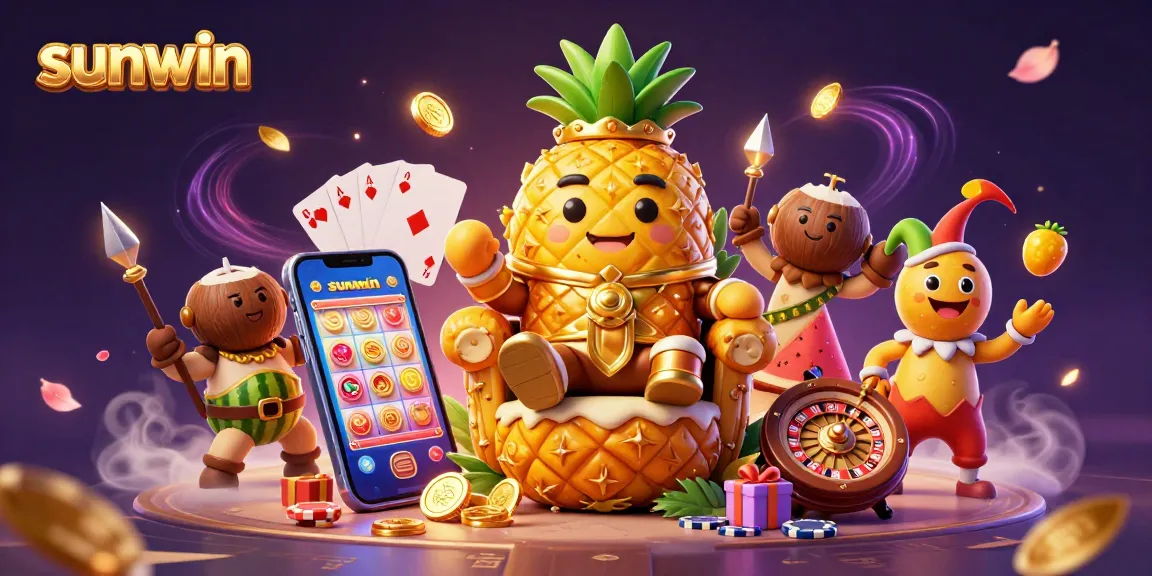 Experience sunwin's vibrant beach casino scene with a golden pineapple king and playful elements.