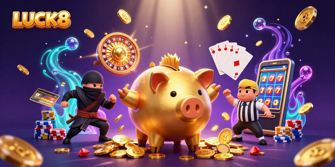 Experience LUCK8 with this dynamic 3D illustration showcasing an energetic casino scene full of coins and game elements.