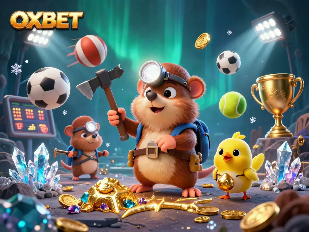 Experience excitement with OXBET as a treasure hunter discovers gems and sports action in a vibrant casino scene.