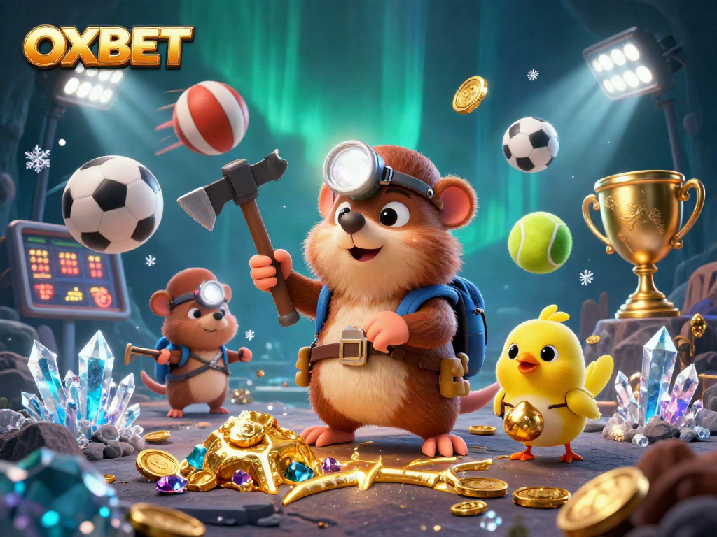 Experience excitement with OXBET as a treasure hunter discovers gems and sports action in a vibrant casino scene.