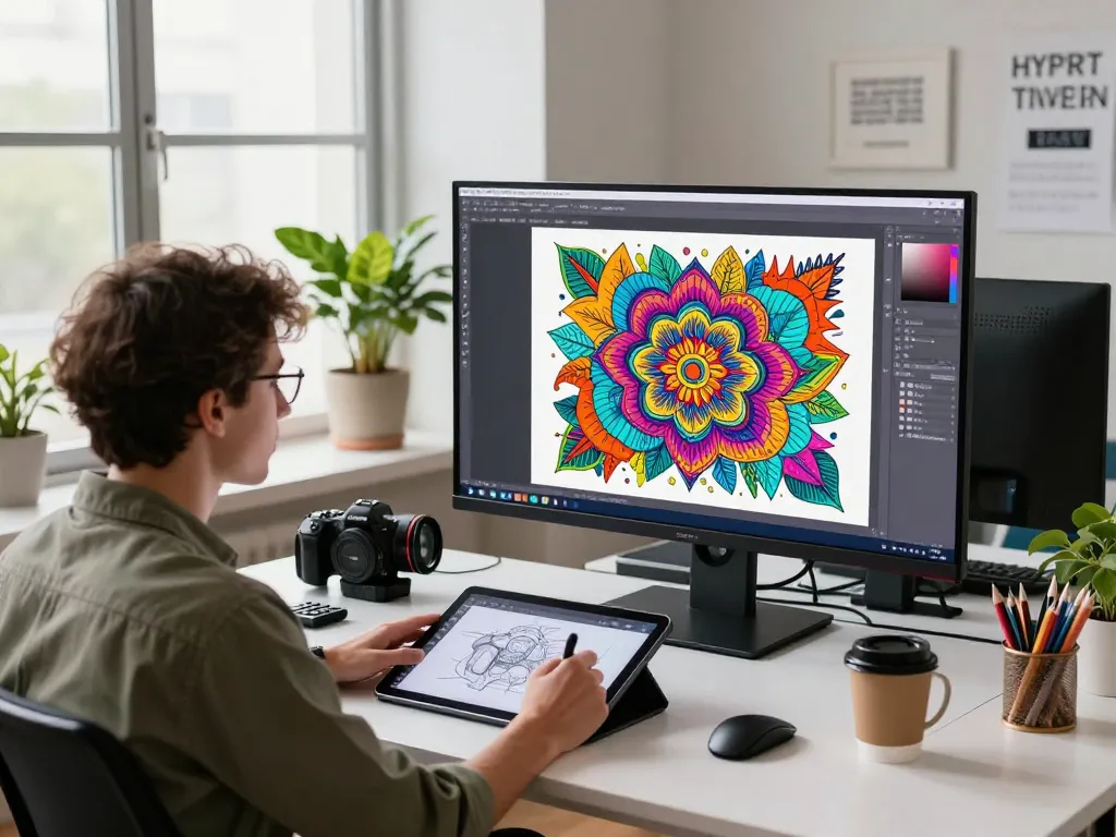 Creative professional using nano banana ai in a modern digital art studio with vibrant artwork.