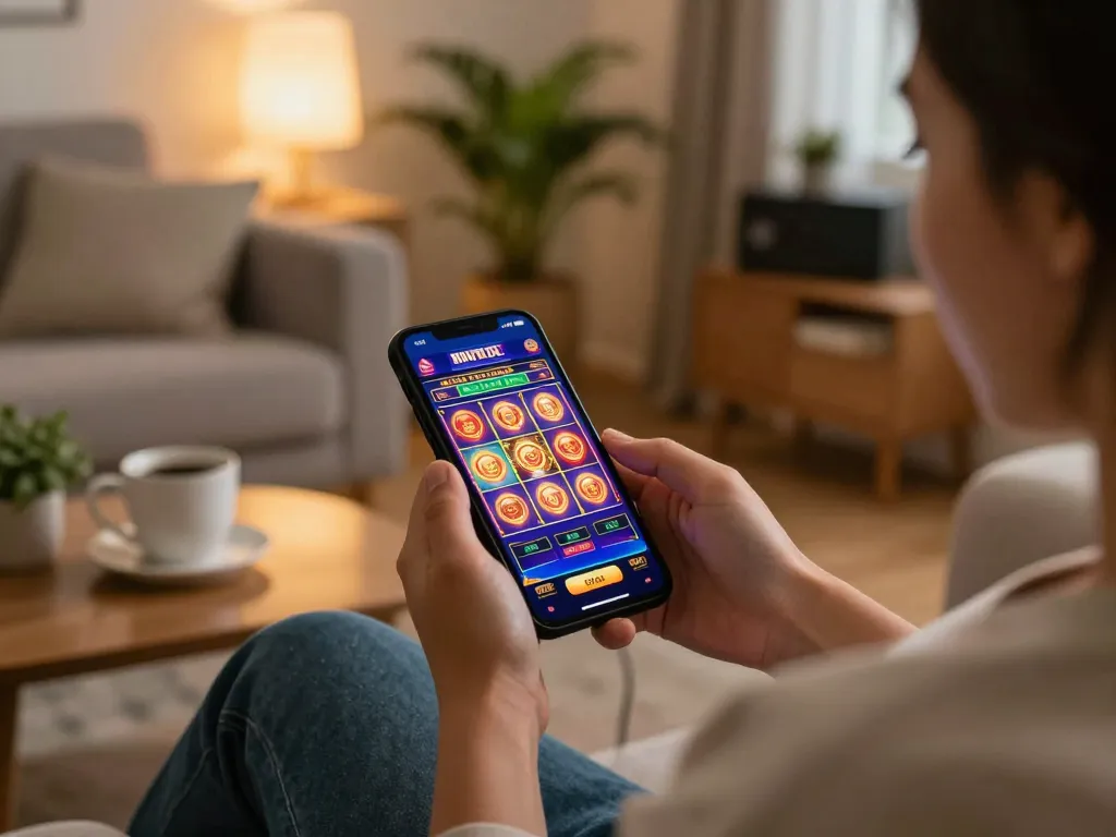 Experience thrilling gameplay on nk88 mobile app with vibrant slot machine graphics in cozy home setting