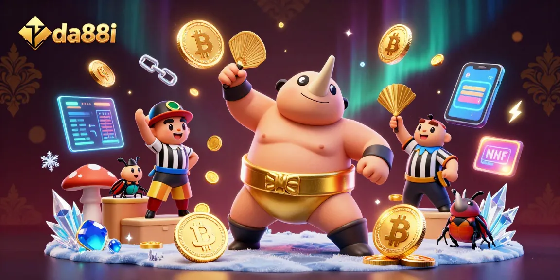 Join the da88i excitement as a rhinoceros beetle sumo champion stomps winning coins amidst a lively crypto scene!