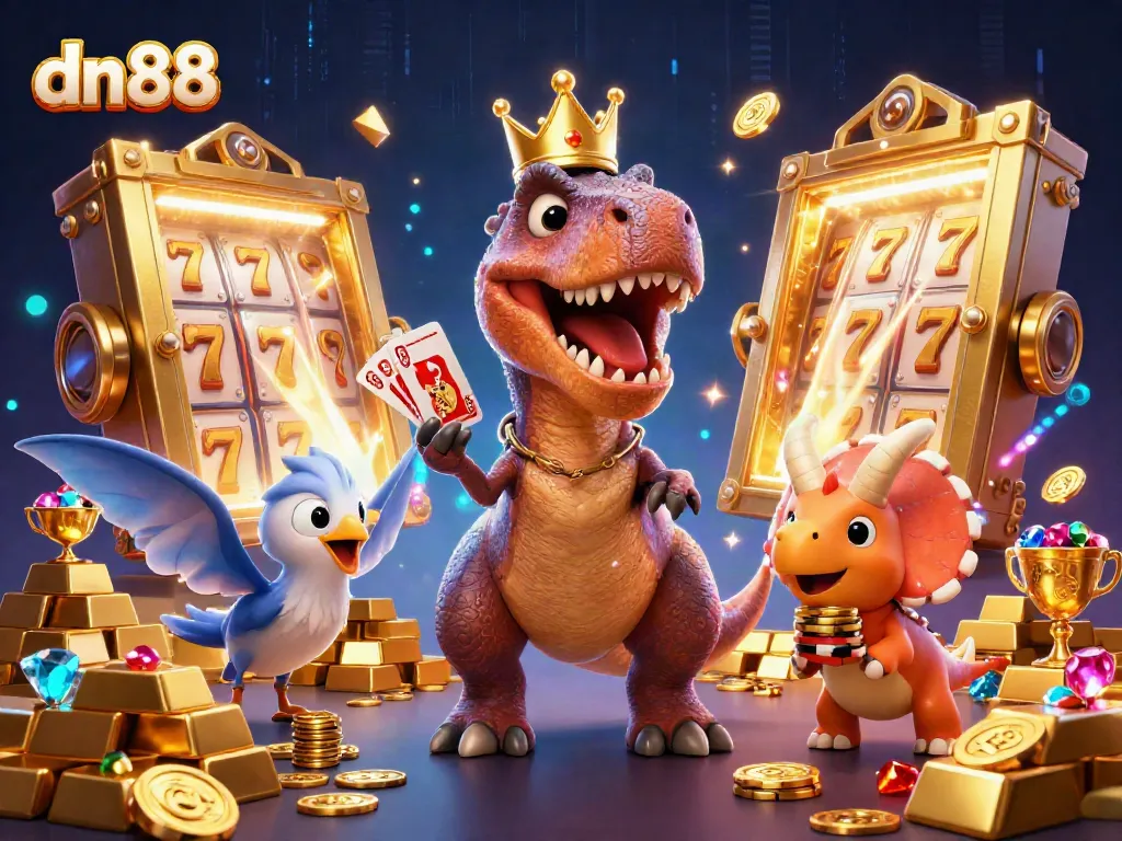 Experience the thrill of dn 88 casino action with a T-Rex and friends in an exciting gambling scene.