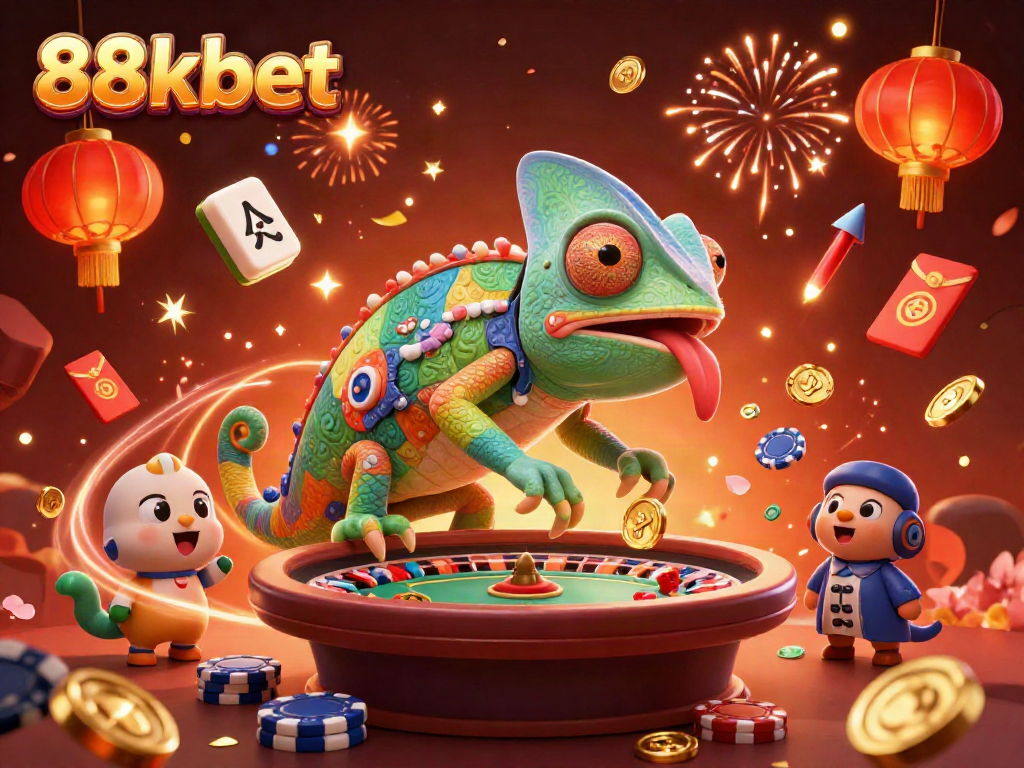Engage in 88kbet's vibrant casino world with a colorful chameleon character celebrating wins amidst golden rewards.