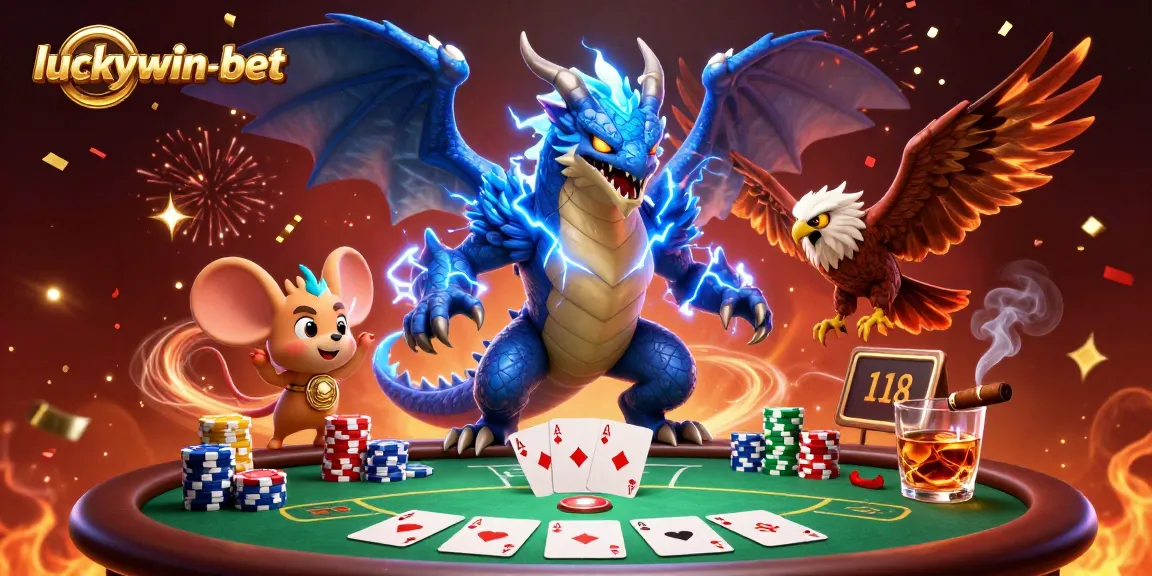 Engage in thrilling poker action with luckywin-bet, featuring a dynamic 3D casino scene.