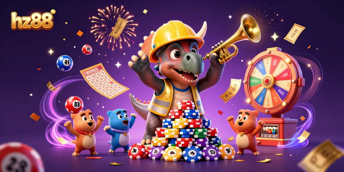 hz88 casino celebration with lively triceratops and parasaurolophus surrounded by colorful gambling elements