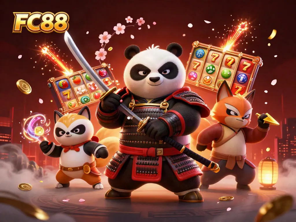 FC88 engages players with a vibrant 3D casino scene featuring exciting slot reels and dynamic characters.