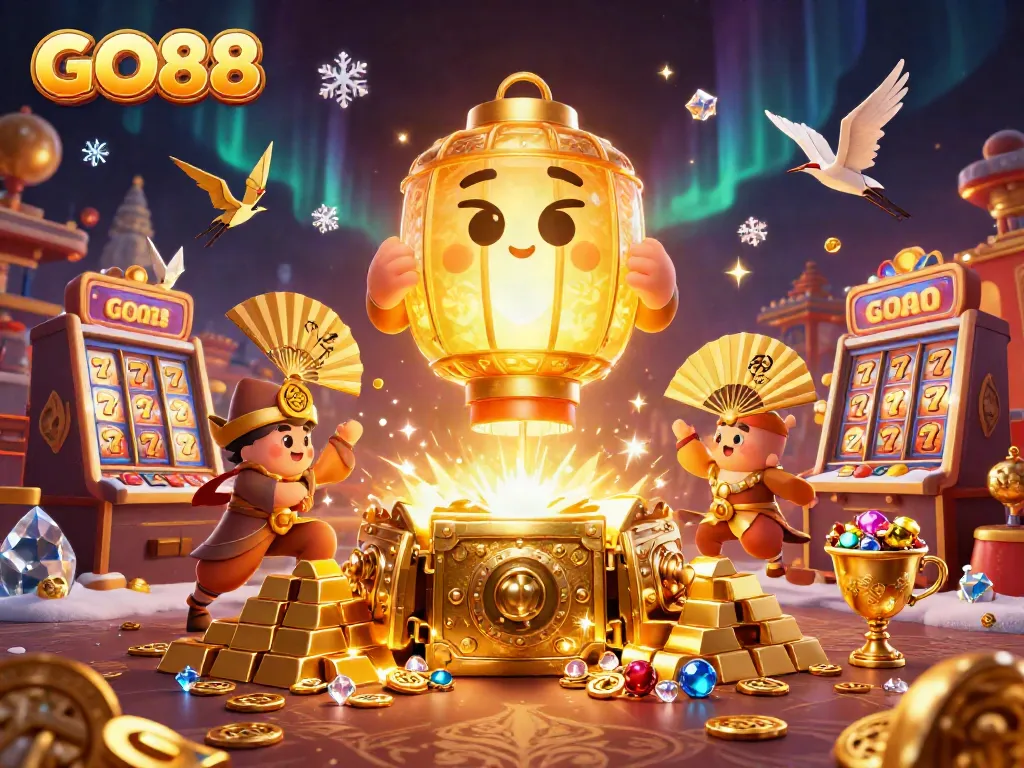 Experience the magic of GO88 with vibrant 3D imagery of casino excitement and lucky symbols.