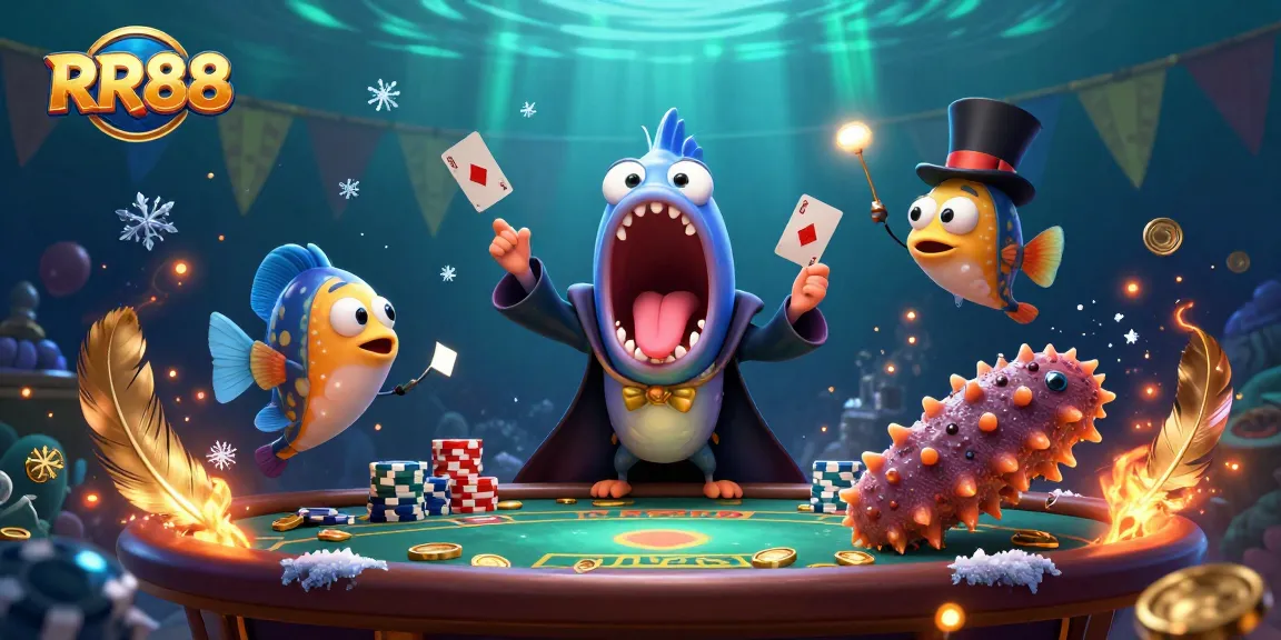 RR88 gamblers enjoying card tricks, dazzling gold coins and vivid betting action under the sea.