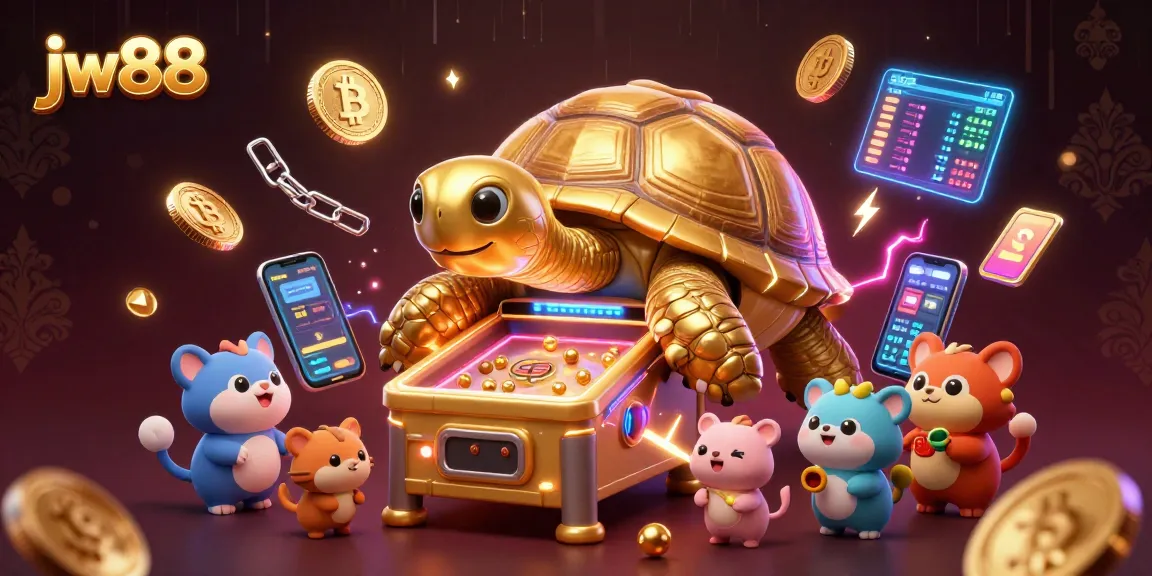 Experience the thrill of jw88 with vibrant 3D visuals of a casino scene showcasing exciting games and crypto elements.