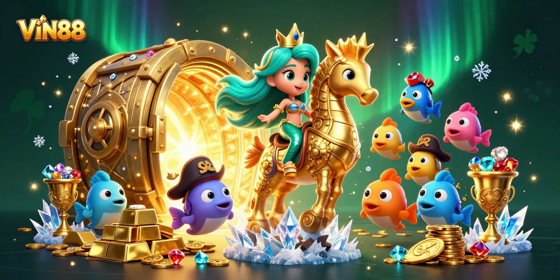Enchanting scene with the VIN88 mermaid princess riding a golden seahorse, surrounded by vibrant treasures.