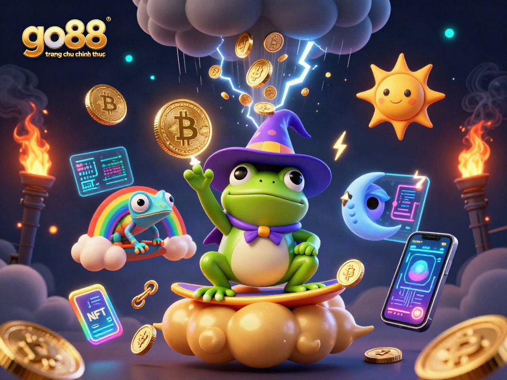 Experience go88 trang chu chinh thuc with a fantasy scene of a frog wizard and chameleon creating a gold storm.