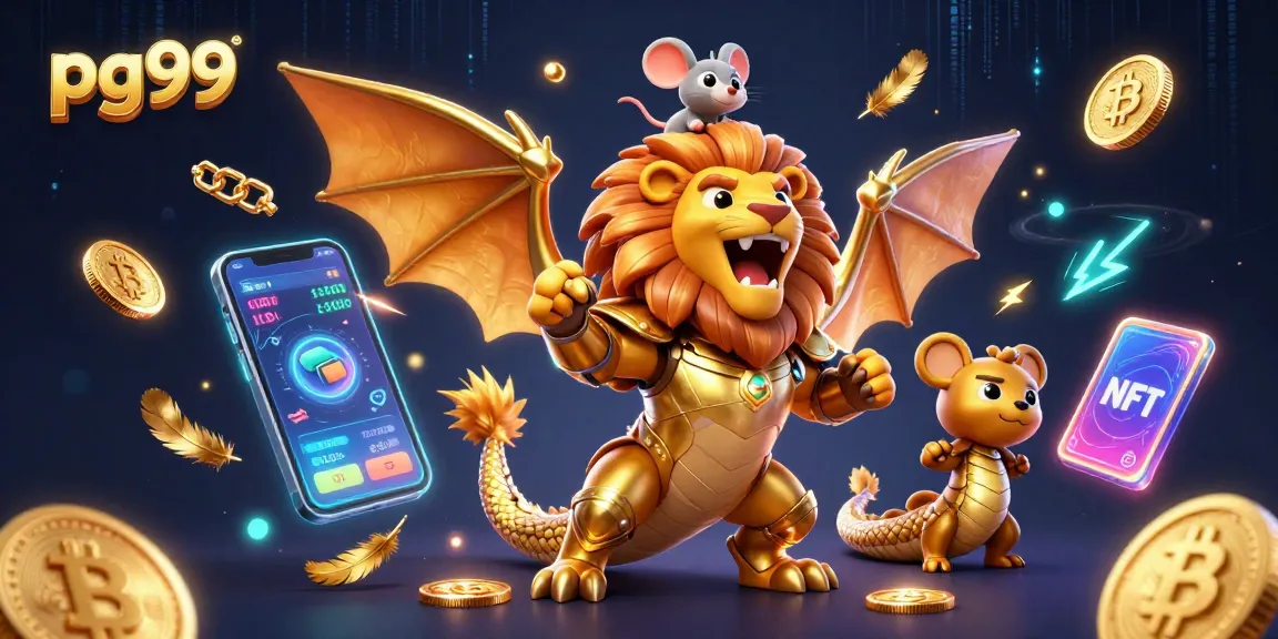 Experience pg99 with a vibrant scene featuring a chimera and crypto elements in a buzzing casino atmosphere.