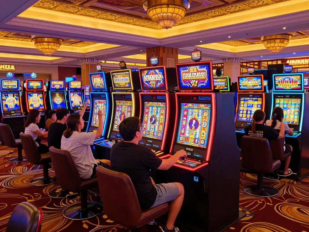 Engaged players enjoying slot machines at a thrilling Slot Malaysia casino experience.