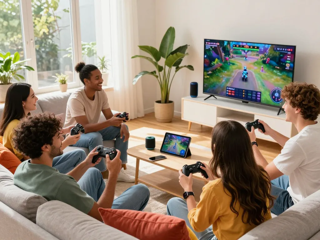 Engaged friends enjoying affordable tech gadgets in a vibrant living room with gaming, Bluetooth speaker, and smart watch.
