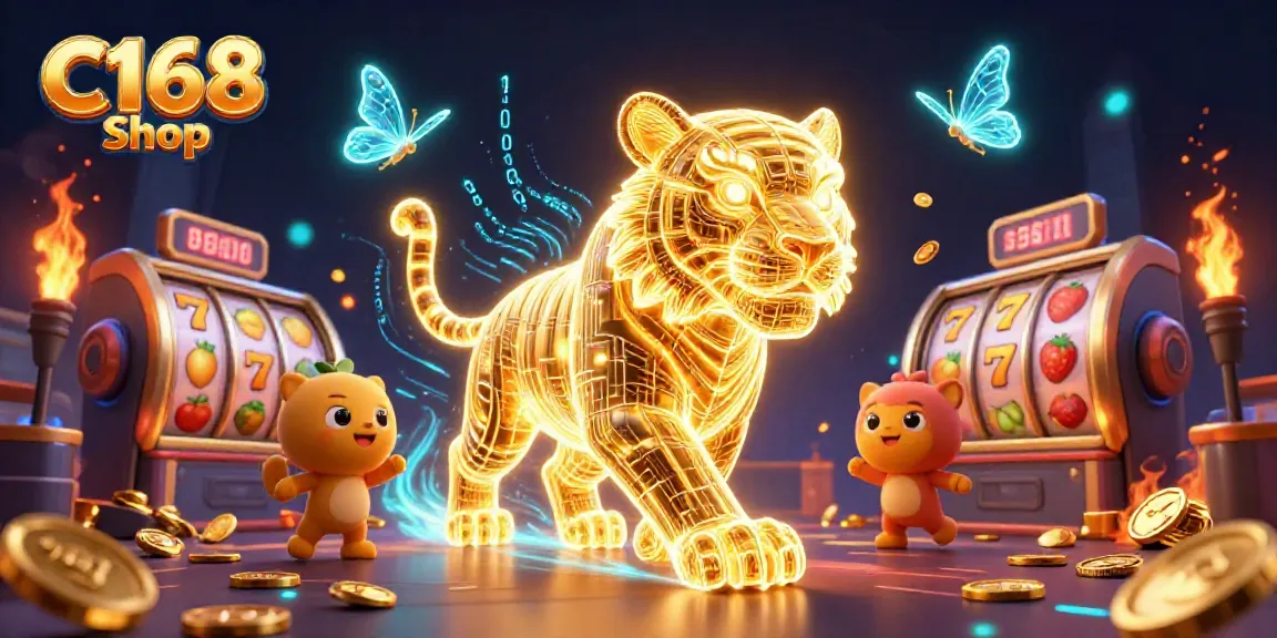 Experience thrilling gameplay at C168 Shop with a golden tiger amidst dynamic casinos and jackpot reels.