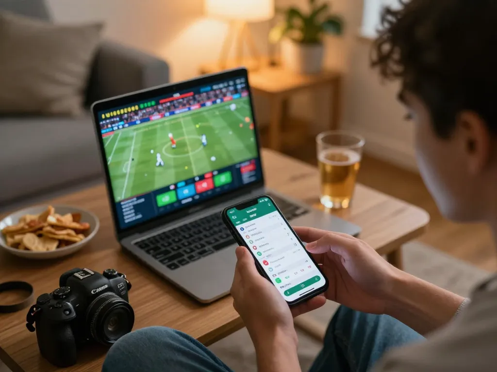 Engaging with 789win sports betting app in a cozy home setting.