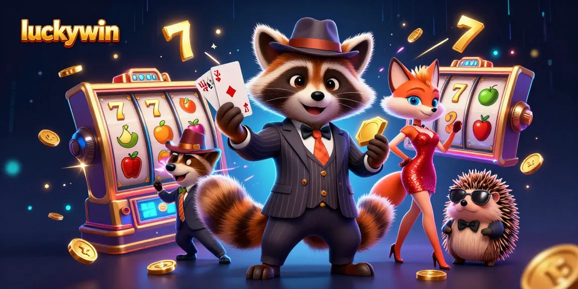 Win big with luckywin featuring a suave raccoon, elegant fox, and hedgehog bouncer in a dynamic casino scene.