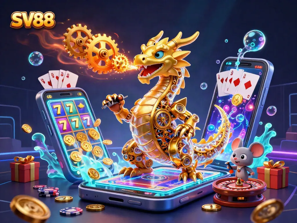 Experience the thrill of SV88 with a golden dragon and vibrant casino elements in action
