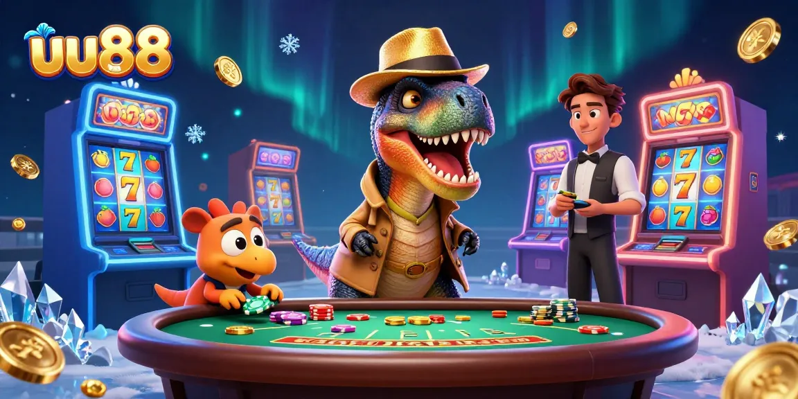 uu88 velociraptor card counter sneakily playing blackjack with dinosaur characters in a colorful casino setting.