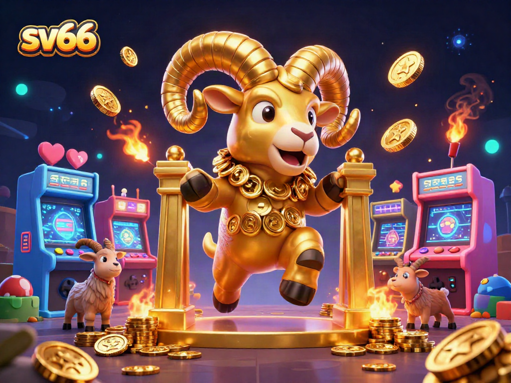 Engage your luck with sv66 at this vibrant casino scene featuring a golden ram and arcade elements.