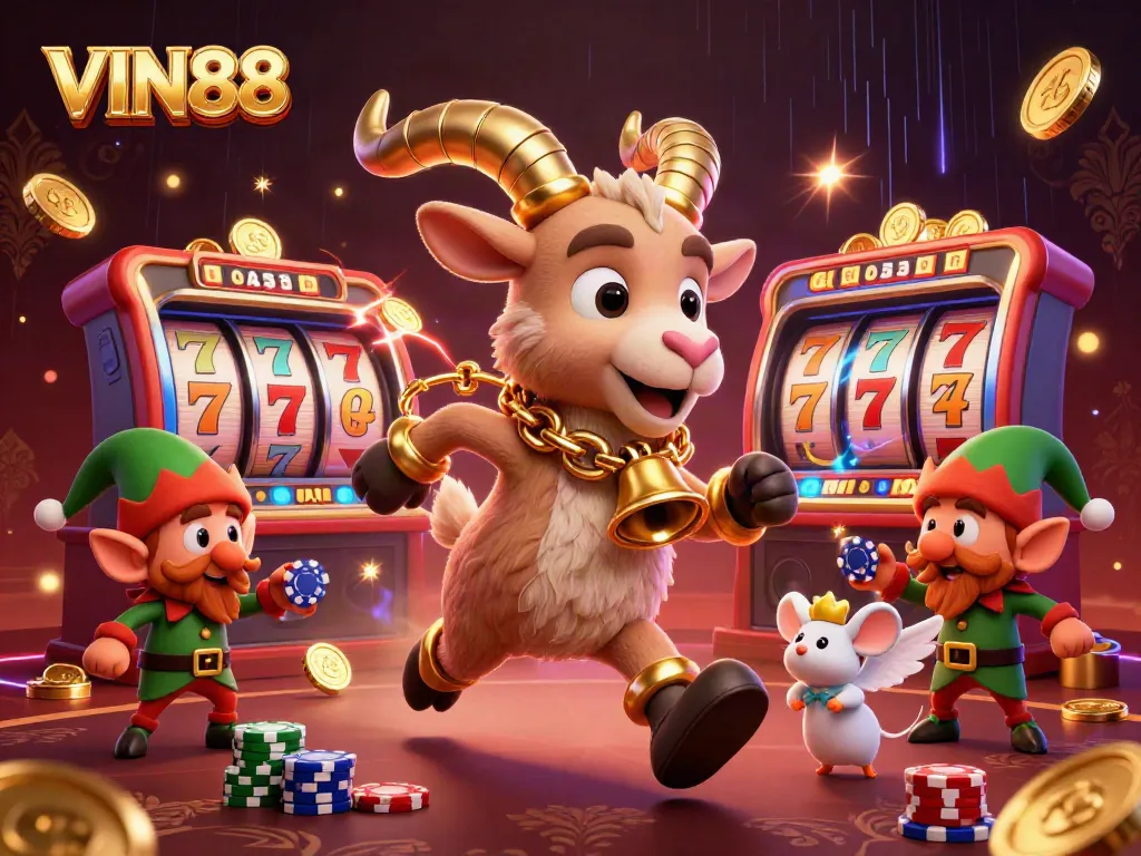 VIN88 showcases lively casino action with a festive Krampus goat and chaotic elf gremlins stealing poker chips.
