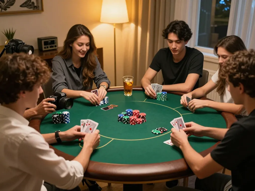 Friends enjoying a lively poker game at home, showcasing strategic gameplay with vaobet.