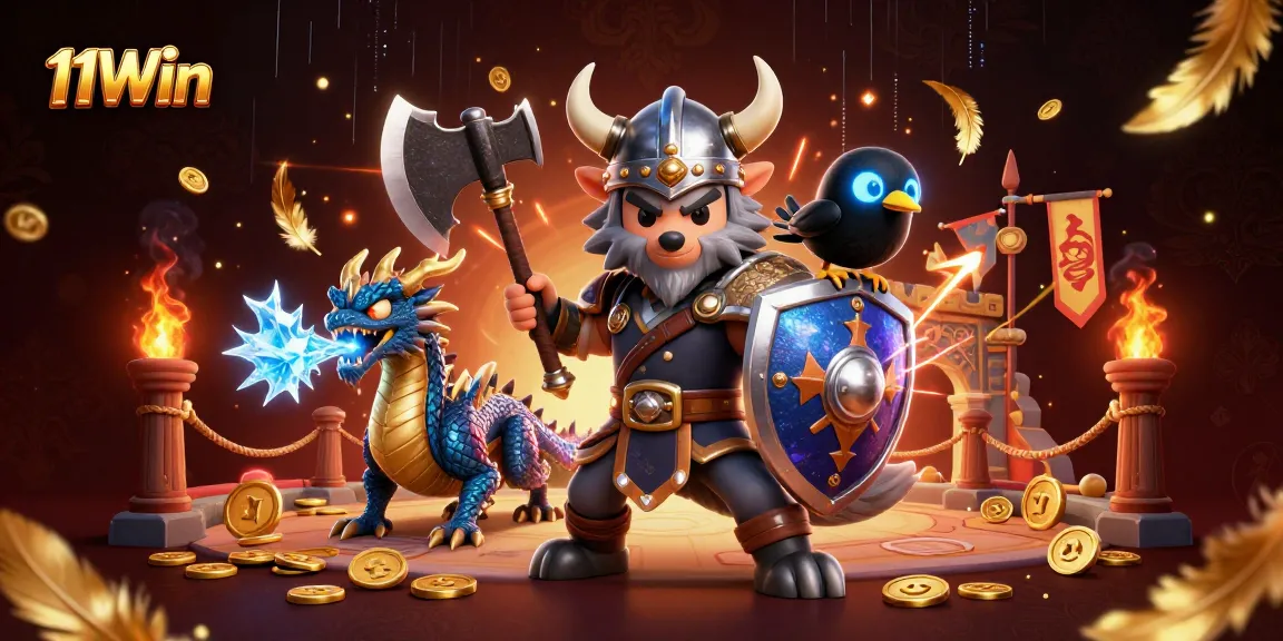Experience thrilling bets at 11Win through a captivating dragon and wolf warrior scene.