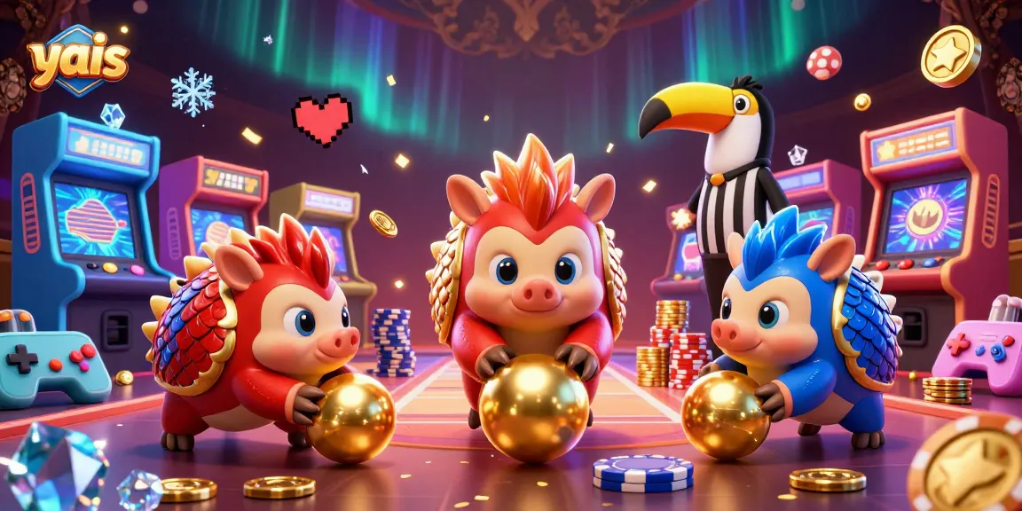 yais features rival pangolins bowling through poker chips in vibrant 3D casino scene.