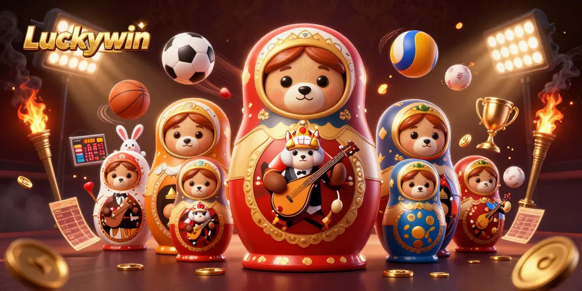 Luckywin showcases an energetic 3D casino scene featuring a Matryoshka bear, vibrant sports elements, and golden details.
